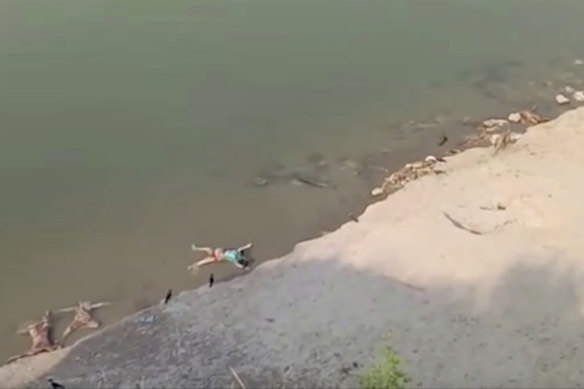 A still from a video showing bodies washing up on the banks of the Ganges last week. 