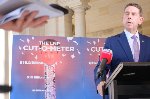 The incumbent Queensland treasurer, Labor’s Cameron Dick, outside Parliament House with what he called ‘The LNP cut-o-meter’.