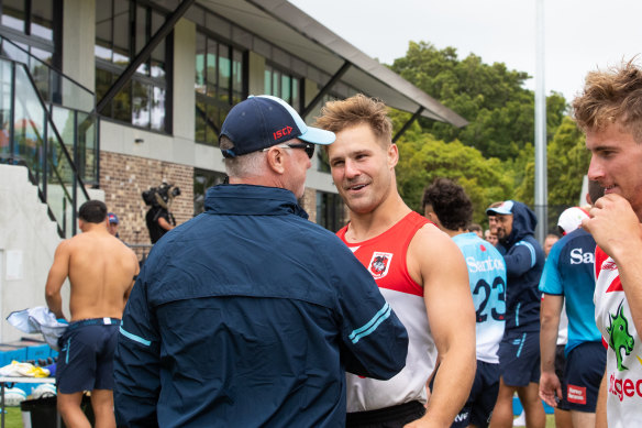 Jack de Belin chats with Waratahs coach Darren Coleman on Monday.