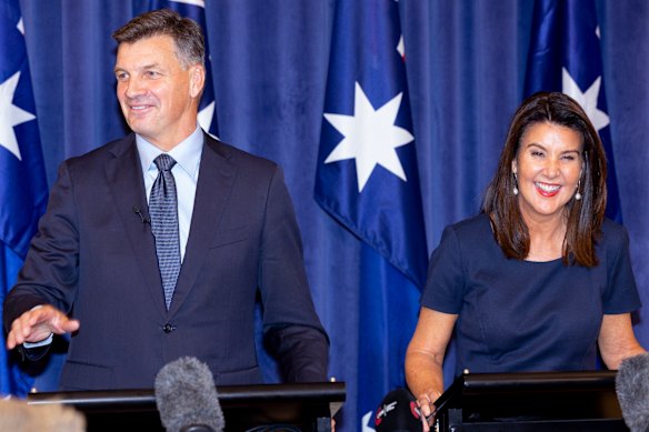 Who’ll get the last laugh? Opposition Leader Angus Taylor and his deputy Jane Hume at their press conference after the leadership spill on Friday.
