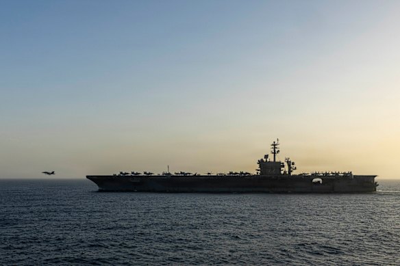 The USS Abraham Lincoln has been upholding the American blockade of the Strait of Hormuz. 