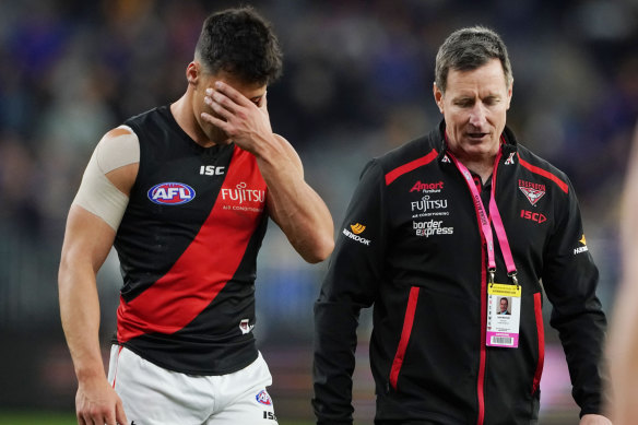 Essendon coach John Worsfold with Dylan Shiel during the elimination final loss to West Coast.