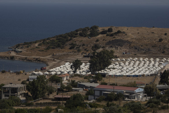 A general view of the new temporary camp for refugees and migrants near Mytilene, on Lesbos.