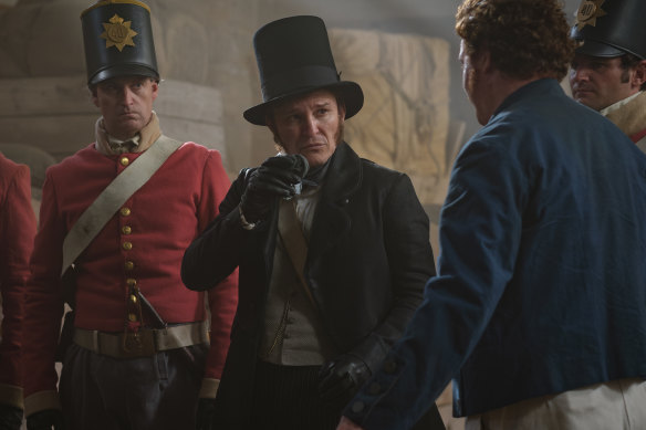 Damon Herriman (middle) plays Captain Gaines, who has a penchant for the noose and runs Port Victory.