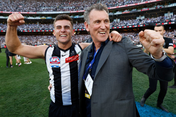 The Magpies used four late picks to secure Nick Daicos at pick four as a father-son selection in the 2021 national draft, given his dad Peter (right) was a club legend.