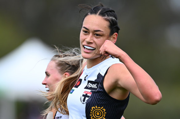 St Kilda’s Jesse Wardlaw celebrates a goal.