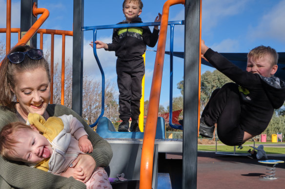 Breanna Macfarlane in Mildura with her children Willow, Nathaniel and Zacharia. 