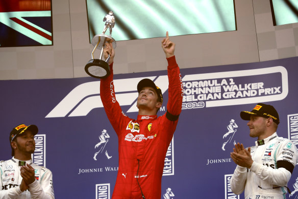 Ferrari driver Charles Leclerc after winning the Belgian Formula One Grand Prix in Spa-Francorchamps in Belgium on Sunday.