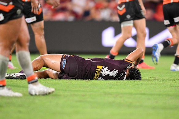 Brendan Piakura was assisted from the field for the Brisbane Broncos against Wests Tigers.