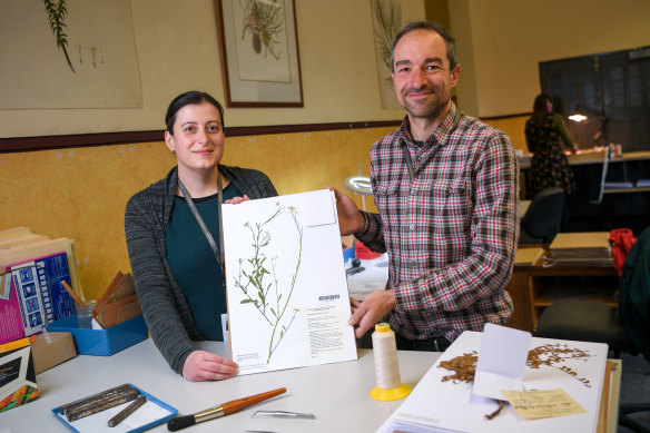 Database officer Rita Macheda and botanist Andre Messina with the millionth specimen to be catalogued at the herbarium.
