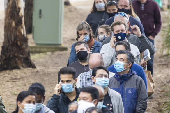 Queues at a vaccination centre in Homebush, Sydney, in early July.