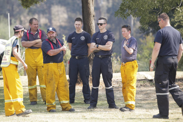 CFA firefighters in discussion at the staging area at the Bruthen Recreation Reserve.