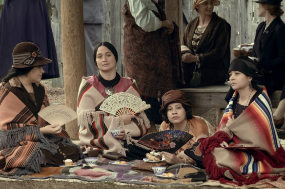 JaNae Collins, Lily Gladstone, Cara Jade Myers and Jillian Dion as members of the Osage.