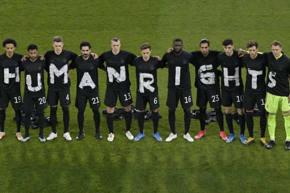 German players wore protest shirts before a World Cup qualifier against Iceland last month.