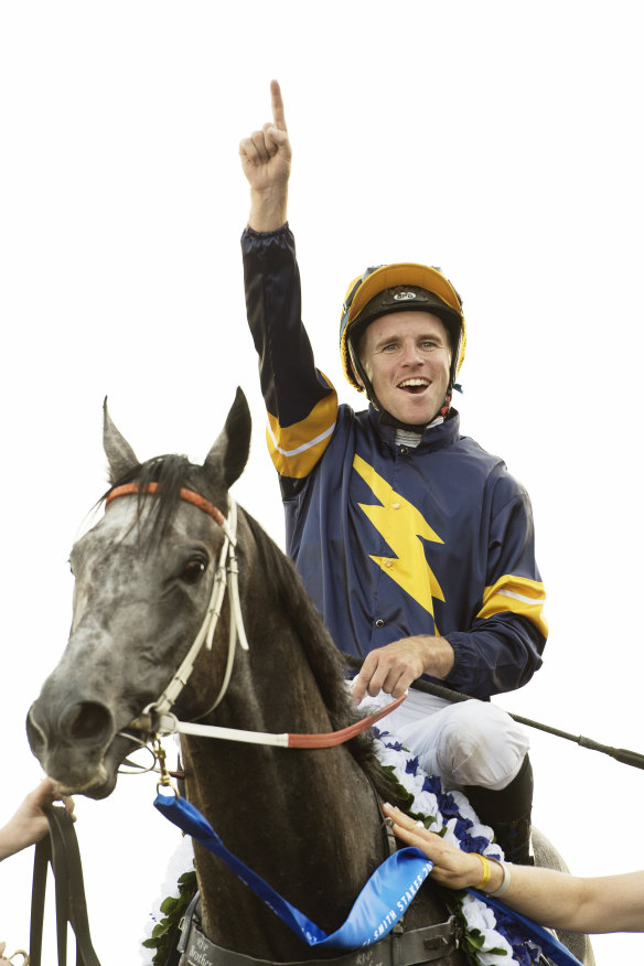 Jockey Tommy Berry after riding Chautauqua to victory in the T.J. Smith Stakes at Randwick Racecourse in 2016.