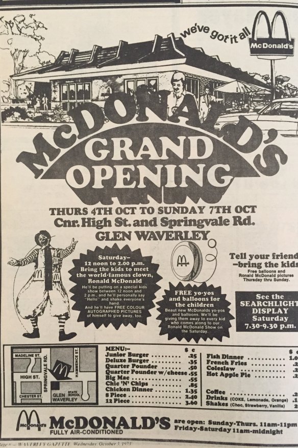 A 1973 advertisement for Victoria’s first McDonald’s which was established in Glen Waverley, published in the Waverley Gazette.