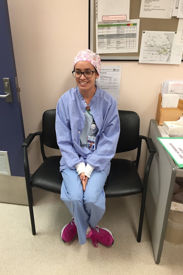 A Toowoomba Hospital staff member sits on an extra-wide seat designed to cater for obese patients. 