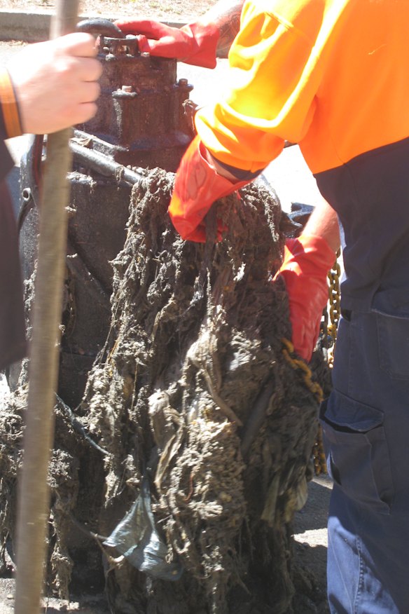 Sydney Water staff manually removing a blockage of wet wipes.