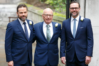Rupert Murdoch before his wedding to Jerry Hall in 2016 with sons Lachlan (left) and James.