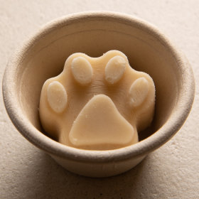 Paw-shaped frozen yoghurt, peanut butter and banana doggy treat.