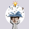 Head with an open book and a light bulb as a metaphor for a new idea. Art collage.