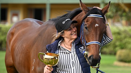 Melbourne Cup winner Knight’s Choice with trainer Sheila Laxon.