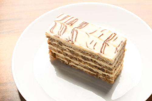 Esterhazy cake with walnut meringue and lemon buttercream.