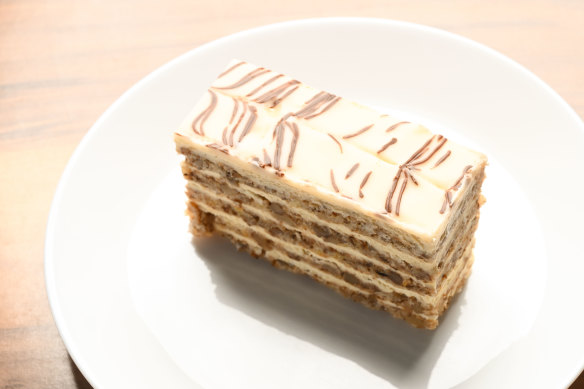 Esterhazy cake with walnut meringue and lemon buttercream.