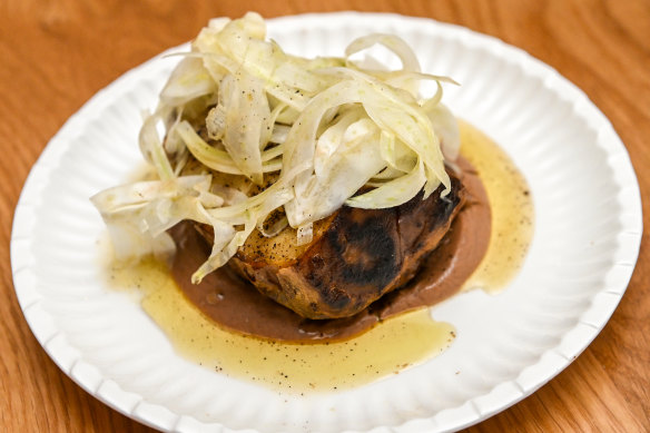 Celeriac confit with chestnut puree, coffee, and shaved fennel.