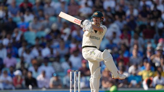 Australia’s Travis Head hits a six on the third day of the ICC World Test Championship Final against India.