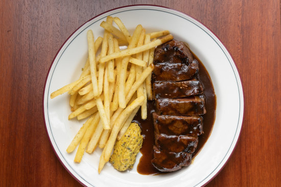 Steak frites with beef jus.