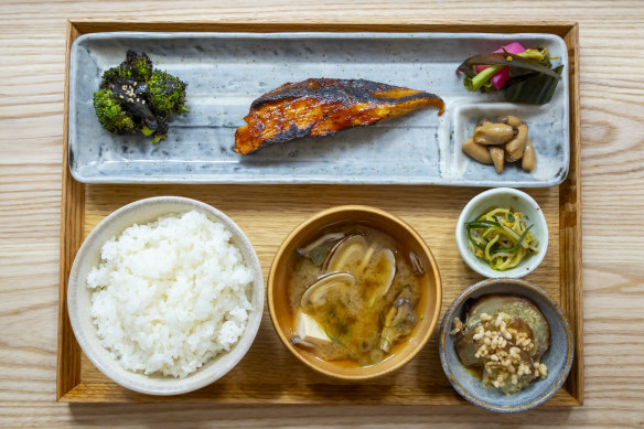 Teishoku (rice set meal) with grilled fish.