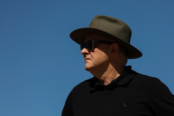 Prime Minister Anthony Albanese during a visit to a flood-hit sheep farm near Longreach, Queensland, on April 5.