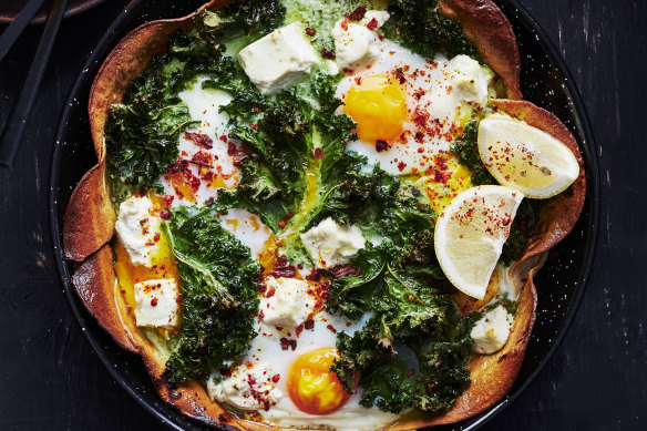 Super-green baked chilaquiles with eggs.