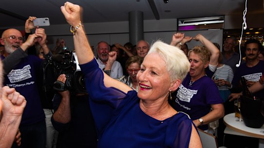 Kerryn Phelps celebrates her victory in Wentworth.