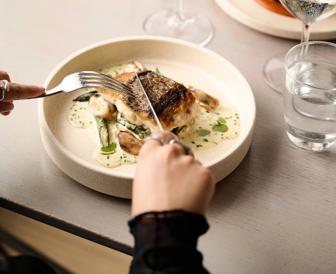 Snapper with asparagus and mussels avgolemono.