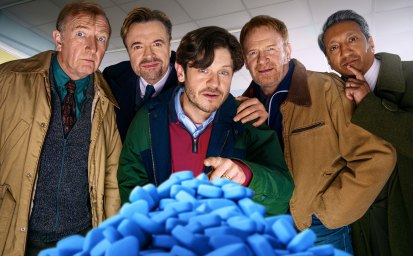 The cast of Men Up, L-R: Steffan Rhodri, Paul Rhys, Iwan Rheon, Mark Lewis Jones, Phaldut Sharma.