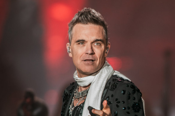 Robbie Williams performs at AAMI Park on Wednesday night.