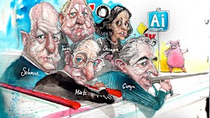 All aboard the AI highway, from left, Goldman Sachs boss David Solomon, Fortescue’s Andrew Forrest, fund manager Howard Marks, Macquarie supremo Shemara Wikramanayake and CBA boss Matt Comyn.