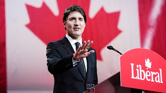 Justin Trudeau finishes his speech at the Liberal leadership announcement in Ottawa, Ontario.