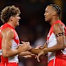 Charlie Curnow (left) and Joel Amartey of the Swans celebrate during the 2026 AFL Opening Round match between the Sydney Swans and the Carlton Blues at the Sydney Cricket Ground 