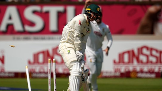 Australia’s Nic Maddinson is bowled on day one.