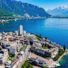 Montreux by the lake, with the alps in the distance.