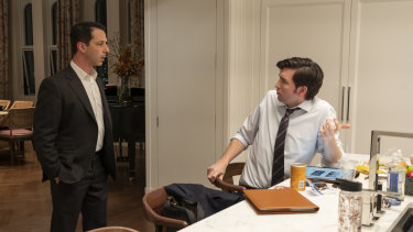Nicholas Braun as Greg and Jeremy Strong as Kendall in season three of Succession.