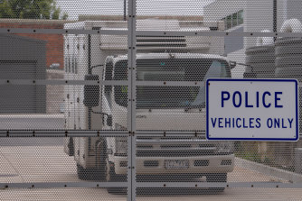 A prison truck leaves Sale police station on Friday.