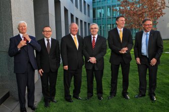 Crossbench MPs Bob Katter, Adam Bandt, Tony Windsor, Andrew Wilkie, Rob Oakeshott and Tony Crook in 2011. 