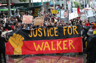 A protest taking place on November 13, 2019 in Melbourne over the death of Kumanjayi Walker – the same day Constable Zach Rolfe was charged with his murder.