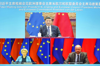 Chinese President Xi Jinping, top, speaks during a video meeting with European Commission President Ursula von der Leyen, lower left, and European Council President Charles Michel, lower right.