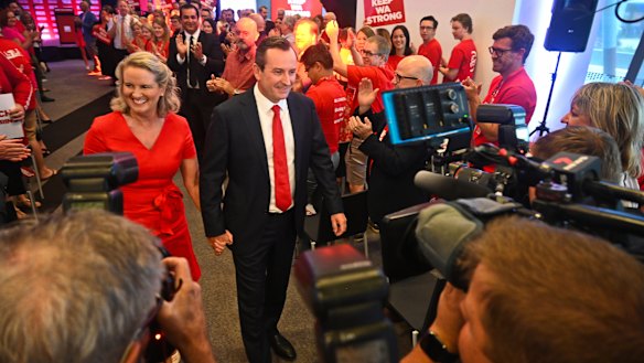 Sarah and Mark McGowan with the Labor faithful at the Premier’s campaign launch at RAC Arena.