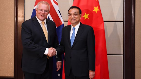 Australian Prime Minister Scott Morrison with the Premier of the People's Republic of China Li Keqiang during a bilateral meeting ahead of the ASEAN East Asia Summit in Bangkok.